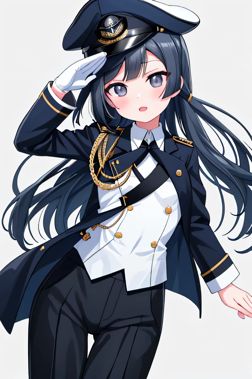 Navy, military uniform (white hat, black jacket, white shirt, black pants) insignia on the chest, setsunayuuki,
nijigasaki,harbor,port,standing,salute,looking at the viewer,