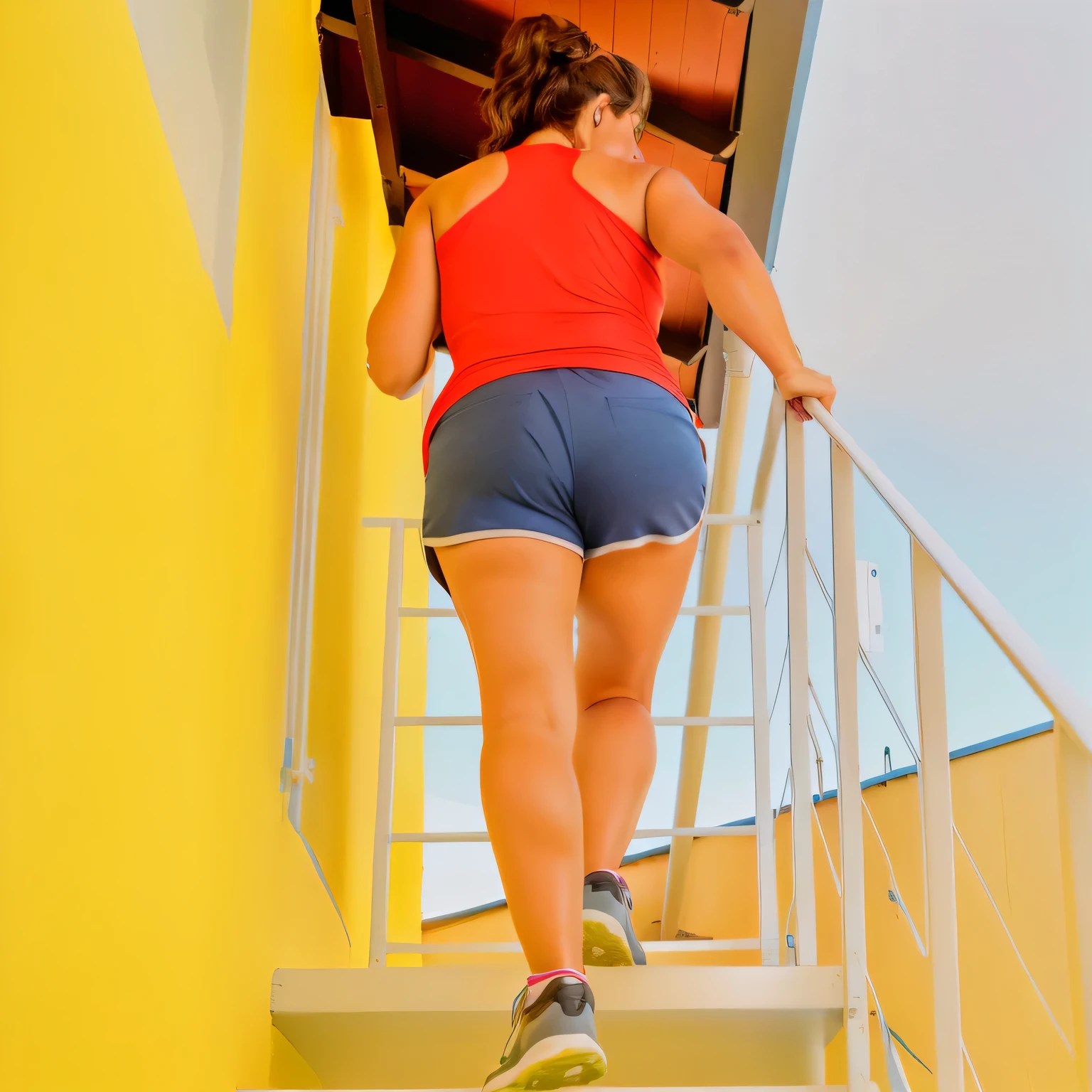 araffe woman walking up a flight of stairs in a red tank top, coming down the stairs, side view of her taking steps, wearing red shorts, short in stature, short robust woman, girl is running, standing on a ladder, the photo shows a large, side shot, fitness, working out, fit woman, shot on nikon d 3 2 0 0