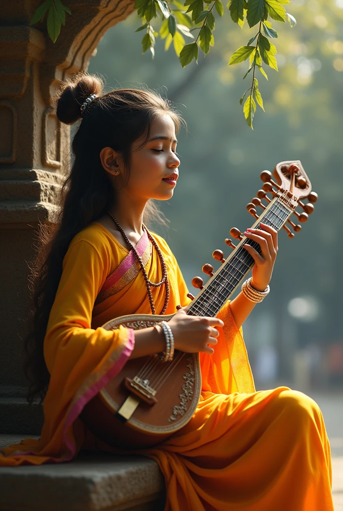 Girl singing bhajan in front of lord krishna on the joola  by playing veenainstrument very closely with devotion.. Meanwhile krishna in tears. Blessin her  .. With suitable qutation for that