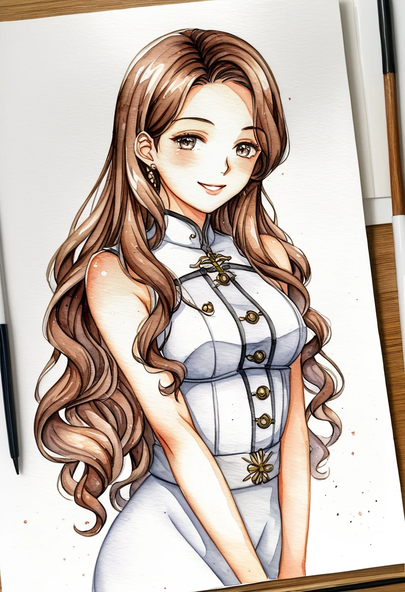 Watercolor pattern in muted tones)(Watercolor Texture)(One person,Long Hair, beautiful)、Mid 20s、White background、Solid color background、Esthetic Uniform、White clothes、Brown Hair、Smile