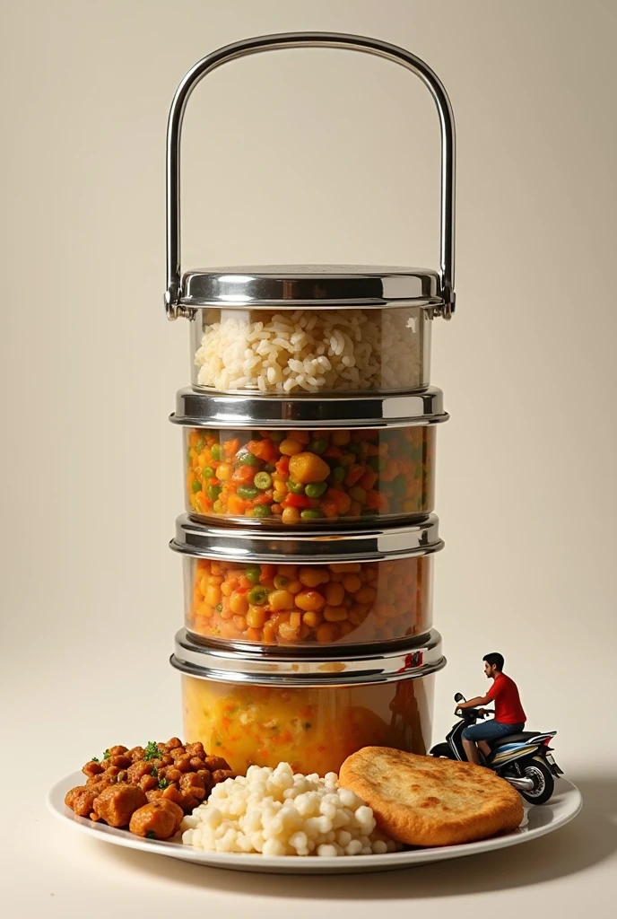 Create poster for Tiffin service,Title Name Sameer Tiffin Service, food Rice ,dal, vegitables, and roti ,Simple not stylish,vertical tiffin 4 round container simple mumbai tiffin , 
tiffin top handle silver matalic ,side delivery boy with scooty image fast service,Mobile number 9920399575 ,for dormitory , guest house and office,show a plate for  rice dal vegitables and roti in front