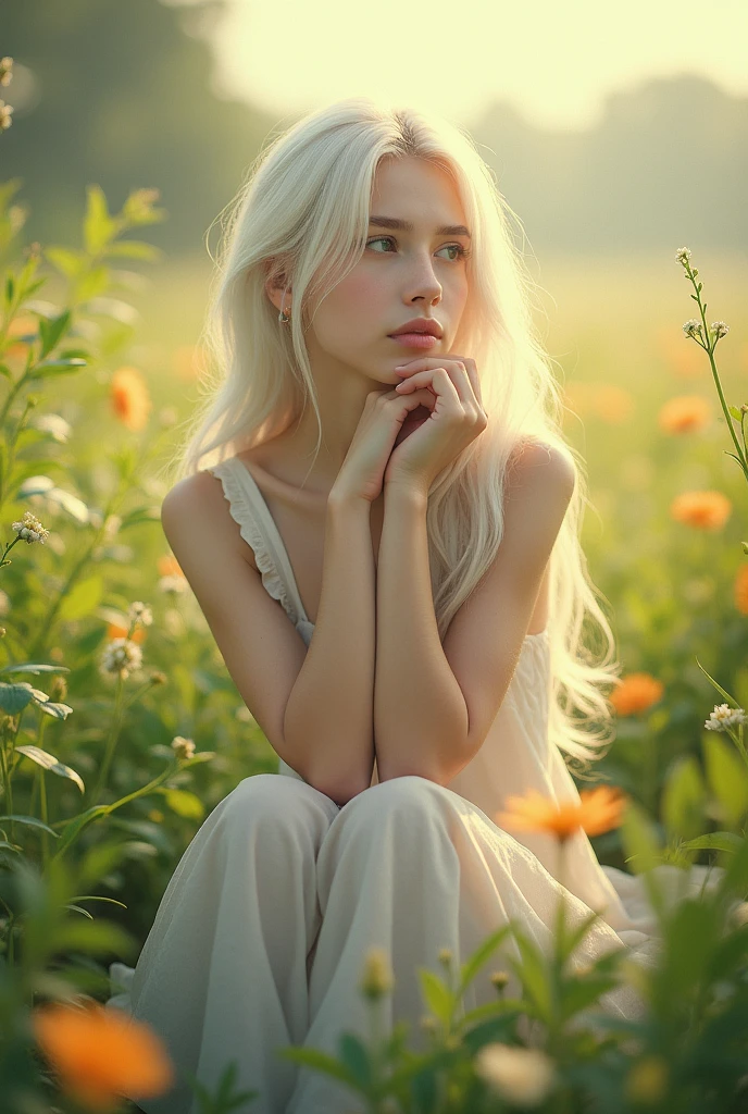 (masterpiece, Best Quality),1 girl with long white hair sitting in a field of green plants and flowers, his hand under his chin, warm lighting, White dress, blurred closeup