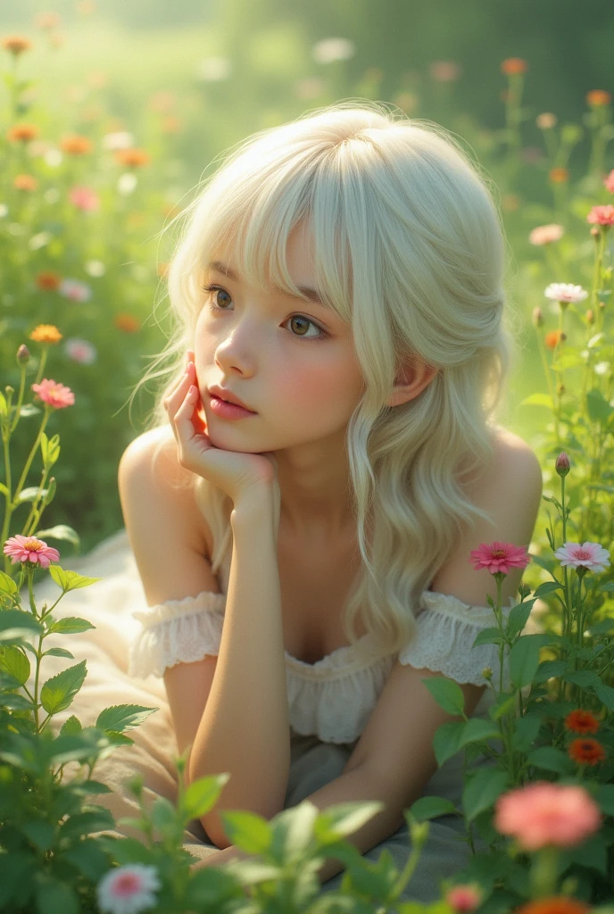 (masterpiece, Best Quality),1 girl with long white hair sitting in a field of green plants and flowers, his hand under his chin, warm lighting, White dress, blurred closeup