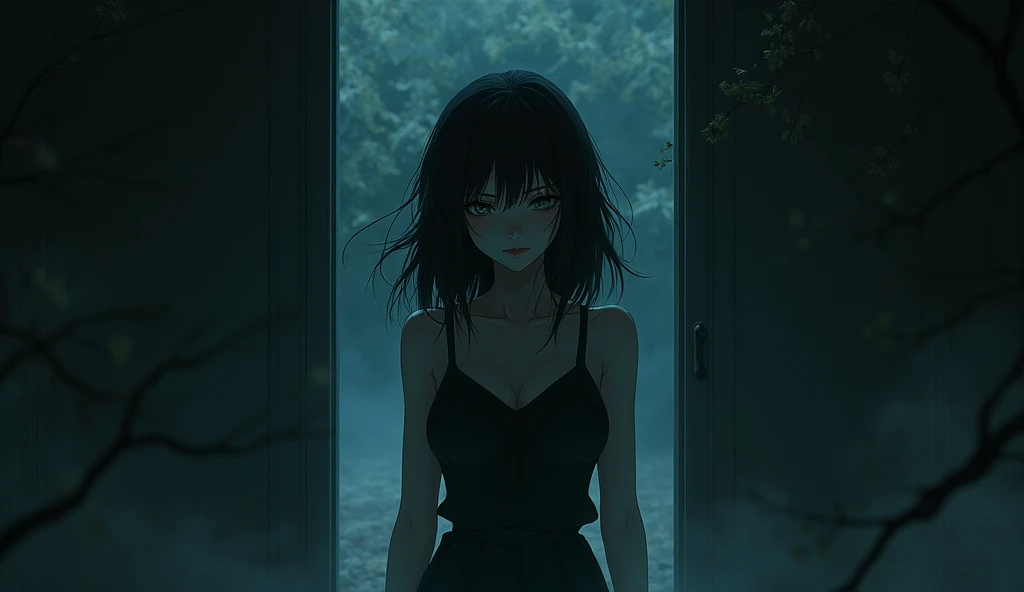 (best quality, masterpiece, ultra detailed), (anime:1.5)、woman is the main character、mysterious、Suspenseful Tone、Dark tones and shadows、A little creepy atmosphere、Surrealism、Dark fantasy、The scene where she waits in front of the closed door。Showing the passage of time、Emphasizing the sense of urgency。