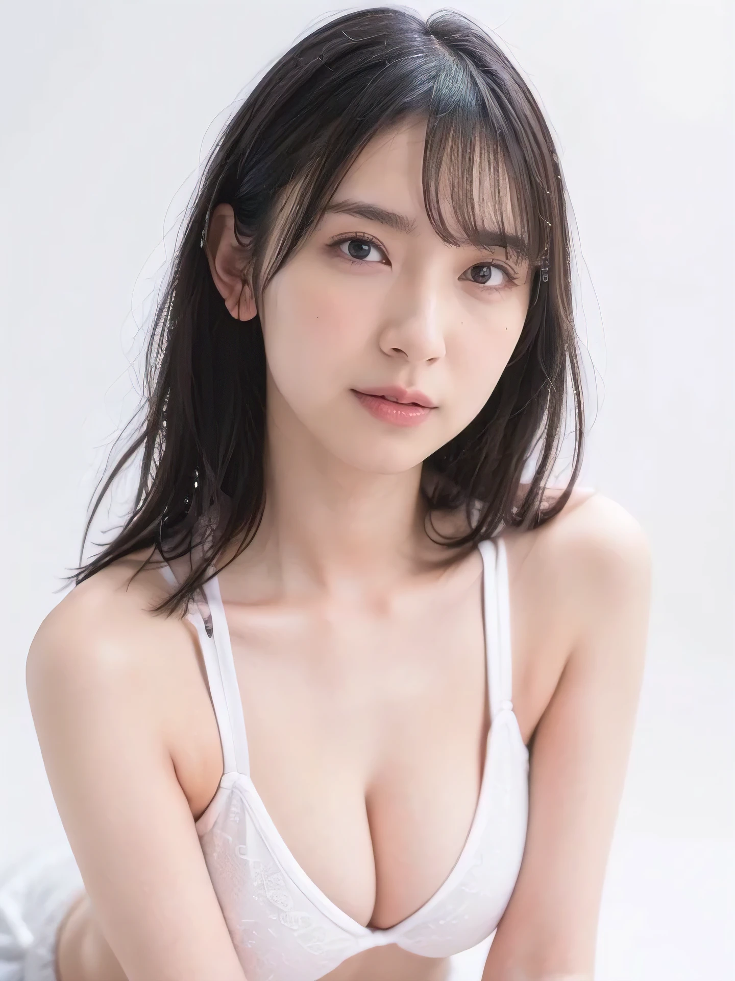 1girl, 25years old woman, cute face, Small breasts, medium breasts, large breasts, beautiful face, (perfectly detailed face), ((looking at viewer)), Simple Background, ((white background)), ((white wallpaper)), White skin, (bright lighting:1.2), perfect lighting, photorealistic, (bokeh), UHD, anatomically correct, highres