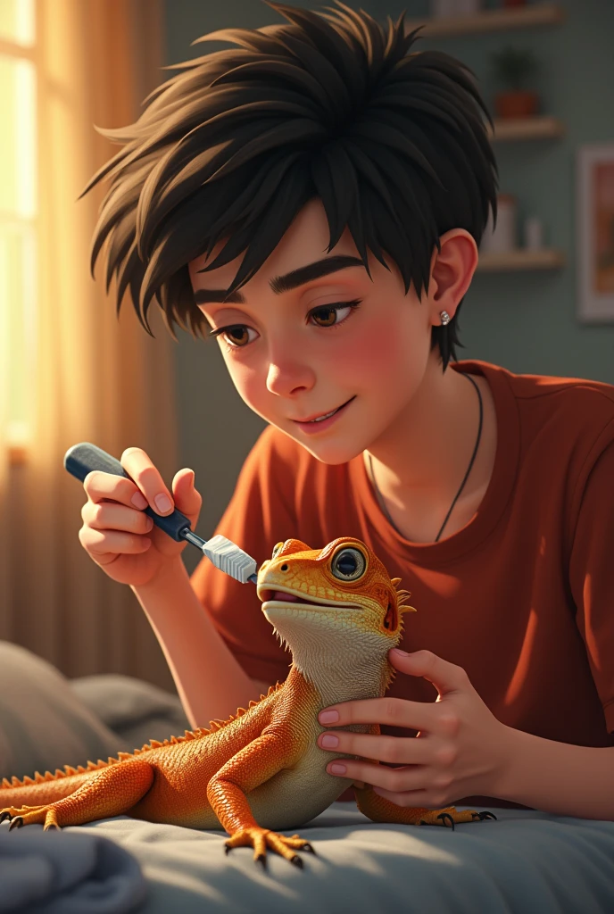 A age man brushing his lizard's teeth