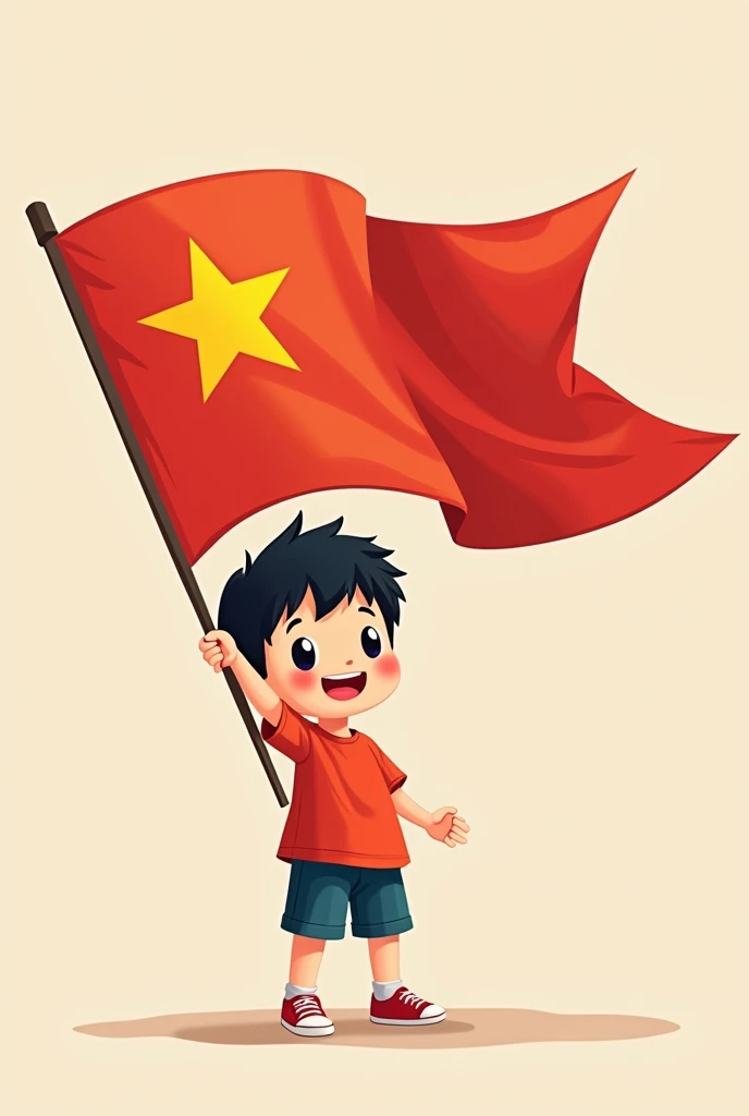 The elementary school girl is holding the Vietnamese flag high.
