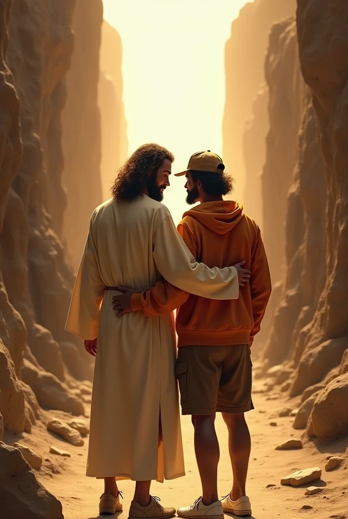 You could create Jesus Christ from behind hugging a curly-haired man shoulder to shoulder, with a brown sand colored cap, an orange jacket with a hood , a brown oversized Bermuda shorts and white Nike for Wan shoes. The two of them looking at a narrow path., with many obstacles and at the end there is a beautiful bright Light The man with a beard and Jesus and he looking at the road