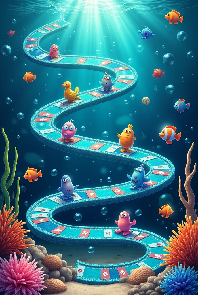 Under the Sea Theme Ludo Create a ludo board with a gradient navy blue background that simulates the ocean, añadiendo ondas y Bubbles en tonos más claros. Decorate the boxes with colorful corals, algas marinas y Bubbles. The starting squares must have coral reefs with fish swimming around., while the goal square must represent an underwater city or a marine treasure in bright golden colors. Use routes in light shades of blue and green to simulate ocean currents, y agrega atajos con Bubbles grandes y peligros con redes de pesca y desechos. The tokens must be colorful sea animals, and the die should show icons like starfish, Bubbles, shells and fish instead of dots. The overall style should be vibrant and lively., with vivid colors and clear details.