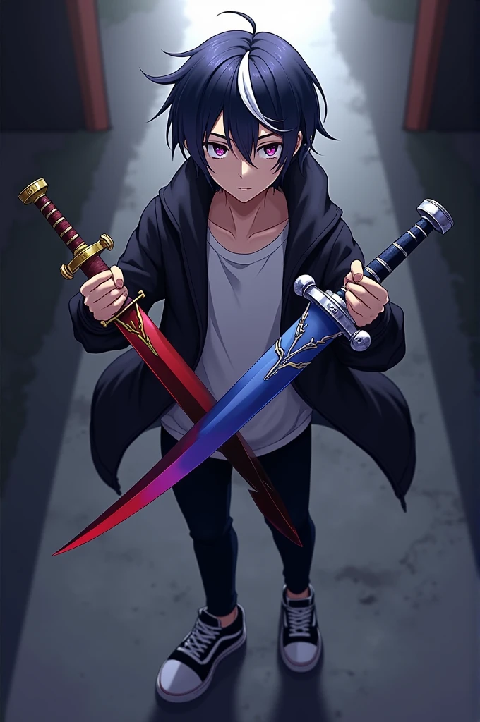 Make a boy with short, dark, half-white hair with purple eyes and with a white shirt and a black jacket and black pants and half-white black sneakers and with two daggers, one red and gold and the other blue and silver, with shadows in anime
