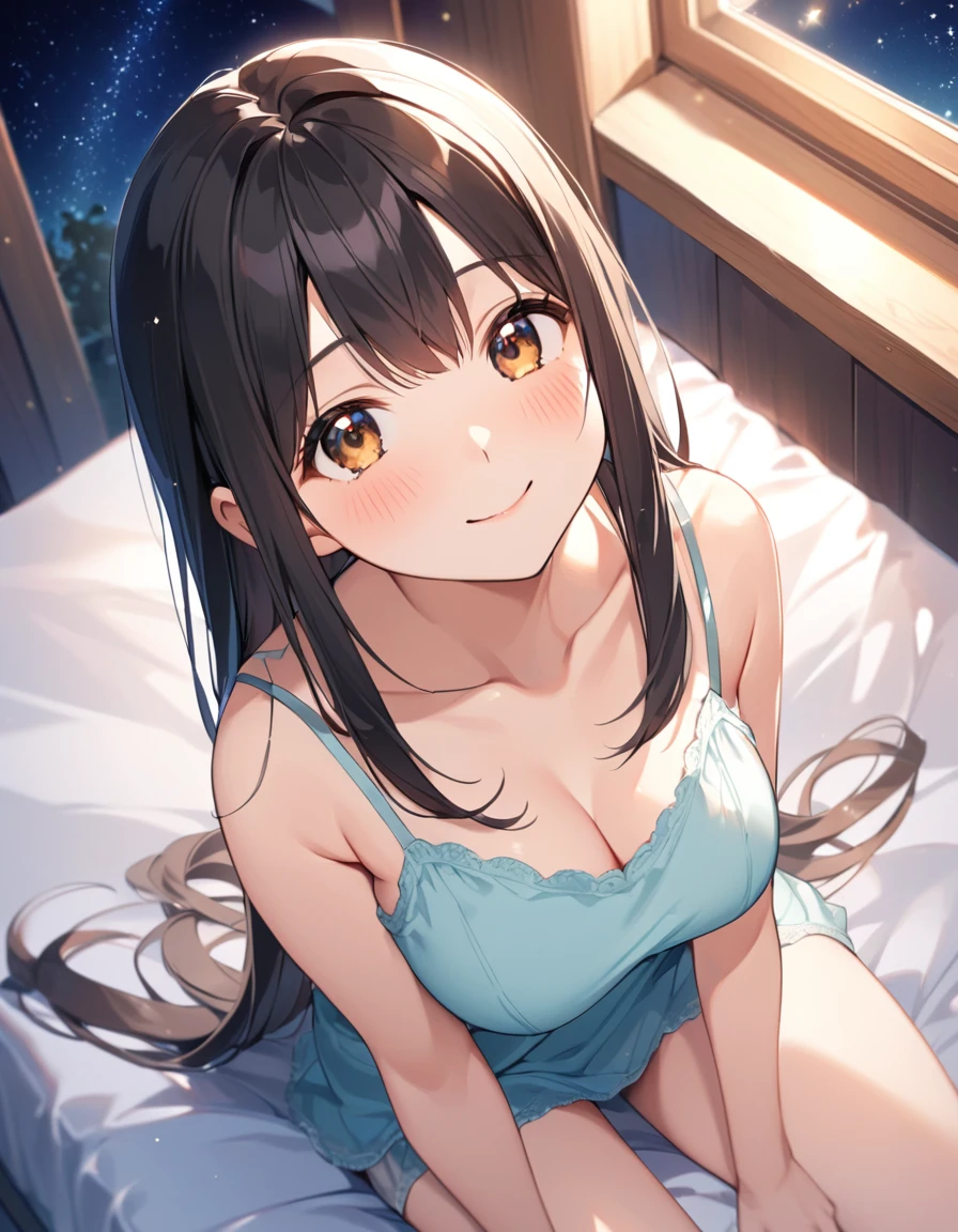 girl, cute, lovely, from above, from chest to head, full breasts, looking up at here, looking at you, smile, shy, straight hair, long hair, black hair, sitting like a girl, bedroom, night, starry sky, camisole