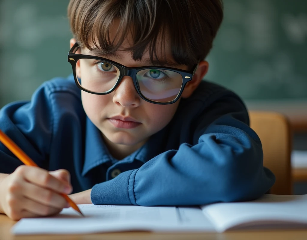 Developing cultural and intellectual skills, education according to the curricula prescribed for students , receiving information in the classroom, a close-up picture of a latin student with glases wearing a blue uniform sitting on a school desk, performing school assignments
