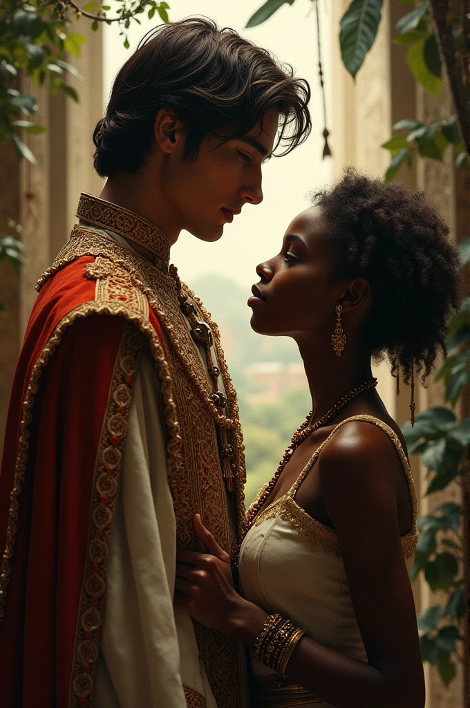 I need you to make me an image from the 1490s in Colombia about the son of a king and a black slave looking at each other with love.,for school