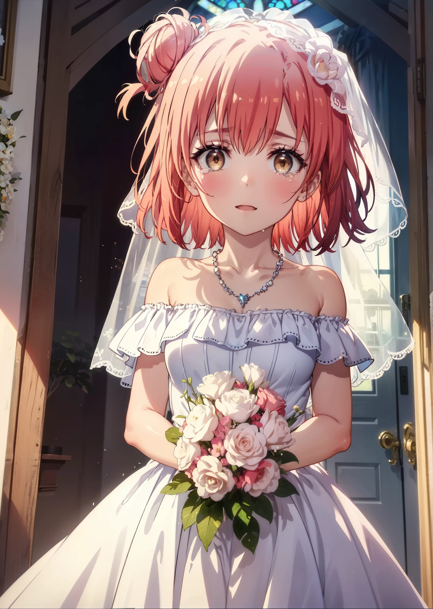 yuiyuigahama, yui yuigahama, Long Hair, (Brown eyes:1.5), (Pink Hair:1.2), Hair Bun, single Hair Bun, Tears stream down her face,Tears of joy,I cry a lot,Big Breasts,smile,blush,Open your mouth,off the shoulder red wedding dress,necklace,Expose your shoulders,bare clavicle,Bare neck,Red wedding long skirt,Veil,bouquet,Holding a bouquet in both hands,Stained glass,whole bodyがイラストに入る,　　　　　　　　　　　break indoors, Chapel,Association,
break looking at viewer, whole body,(Cowboy Shot:1.5),
break (masterpiece:1.2), Highest quality, High resolution, unity 8k wallpaper, (shape:0.8), (Beautiful attention to detail:1.6), Highly detailed face, Perfect lighting, Highly detailed CG, (Perfect hands, Perfect Anatomy),