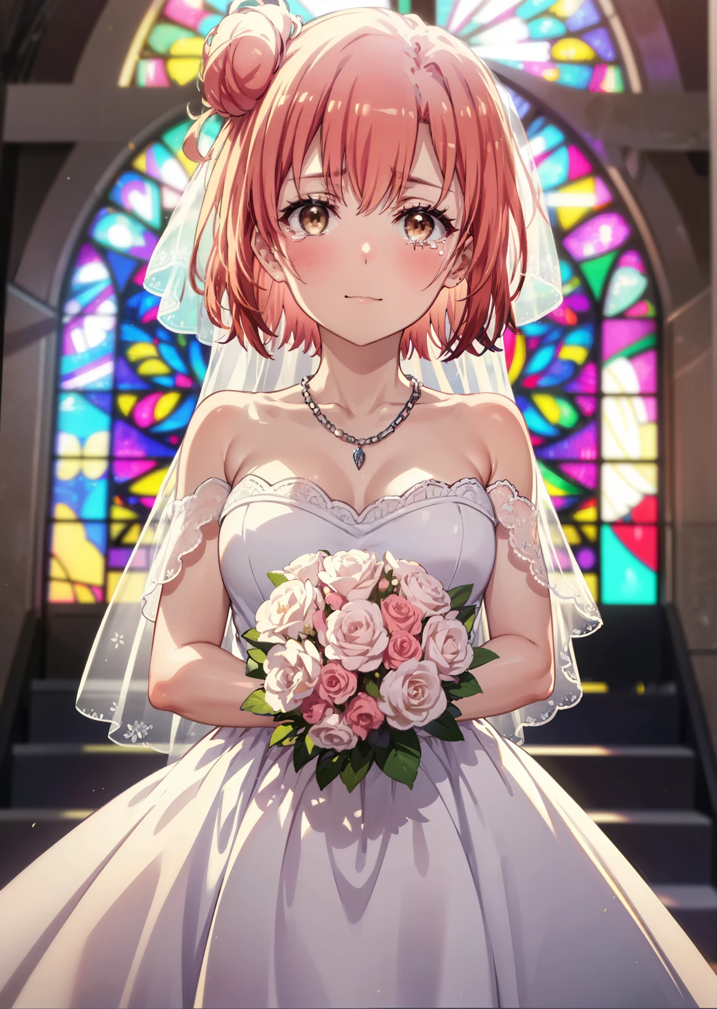 yuiyuigahama, yui yuigahama, Long Hair, (Brown eyes:1.5), (Pink Hair:1.2), Hair Bun, single Hair Bun, Tears stream down her face,Tears of joy,I cry a lot,Big Breasts,smile,blush,Open your mouth,off the shoulder red wedding dress,necklace,Expose your shoulders,bare clavicle,Bare neck,Red wedding long skirt,Veil,bouquet,Holding a bouquet in both hands,Stained glass,whole bodyがイラストに入る,　　　　　　　　　　　break indoors, Chapel,Association,
break looking at viewer, whole body,(Cowboy Shot:1.5),
break (masterpiece:1.2), Highest quality, High resolution, unity 8k wallpaper, (shape:0.8), (Beautiful attention to detail:1.6), Highly detailed face, Perfect lighting, Highly detailed CG, (Perfect hands, Perfect Anatomy),