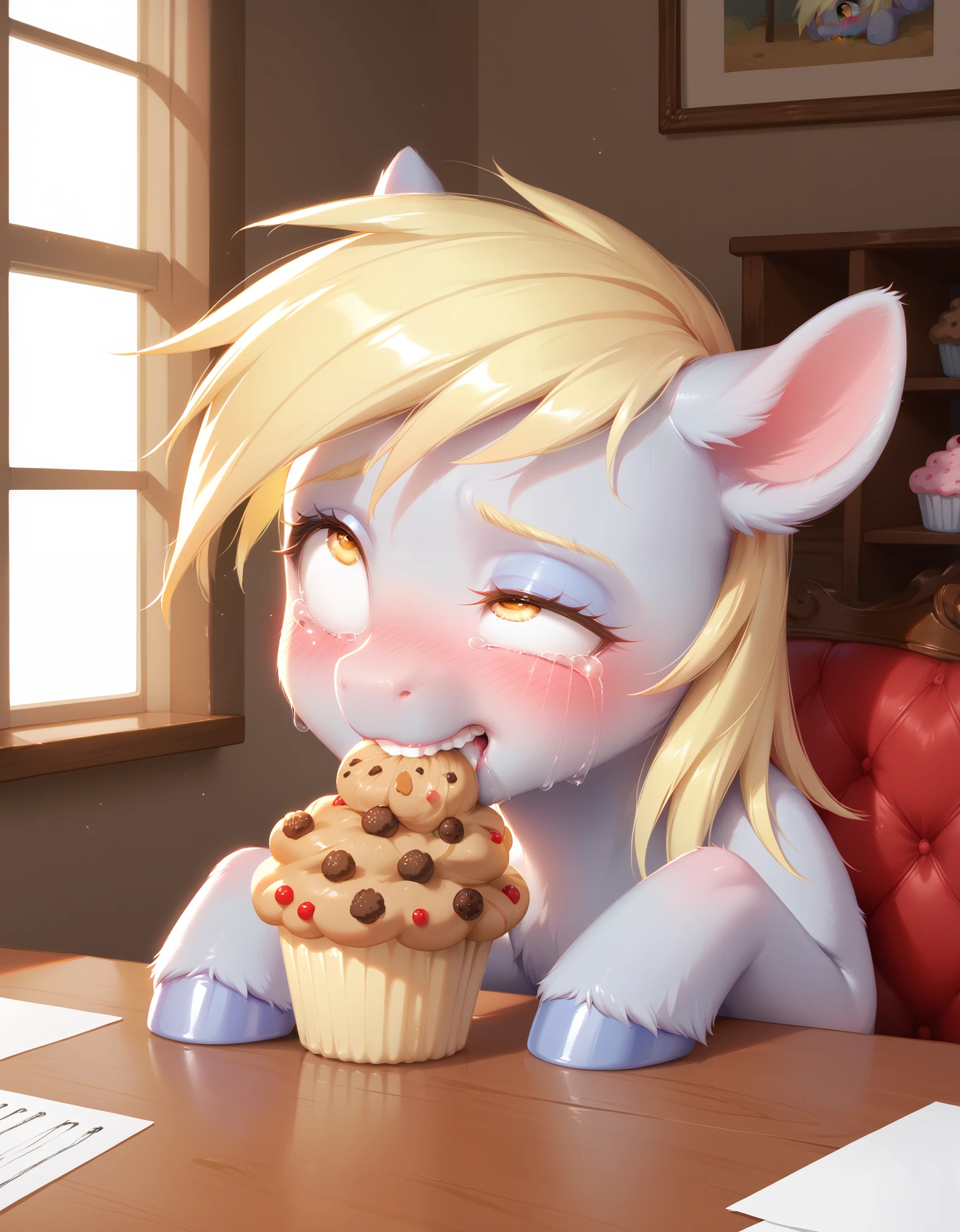 rating_explicit, score_9, score_8_up, score_7_up, pony, feral, Derpy Hooves, cross-eyed, uneven eyes , embarrassed expression, biting her lower lip, eating muffin, trying to hold it in, muffin on the table, blush, rolling eyes, tears, indoors, detailed, realistic, BREAK, full body