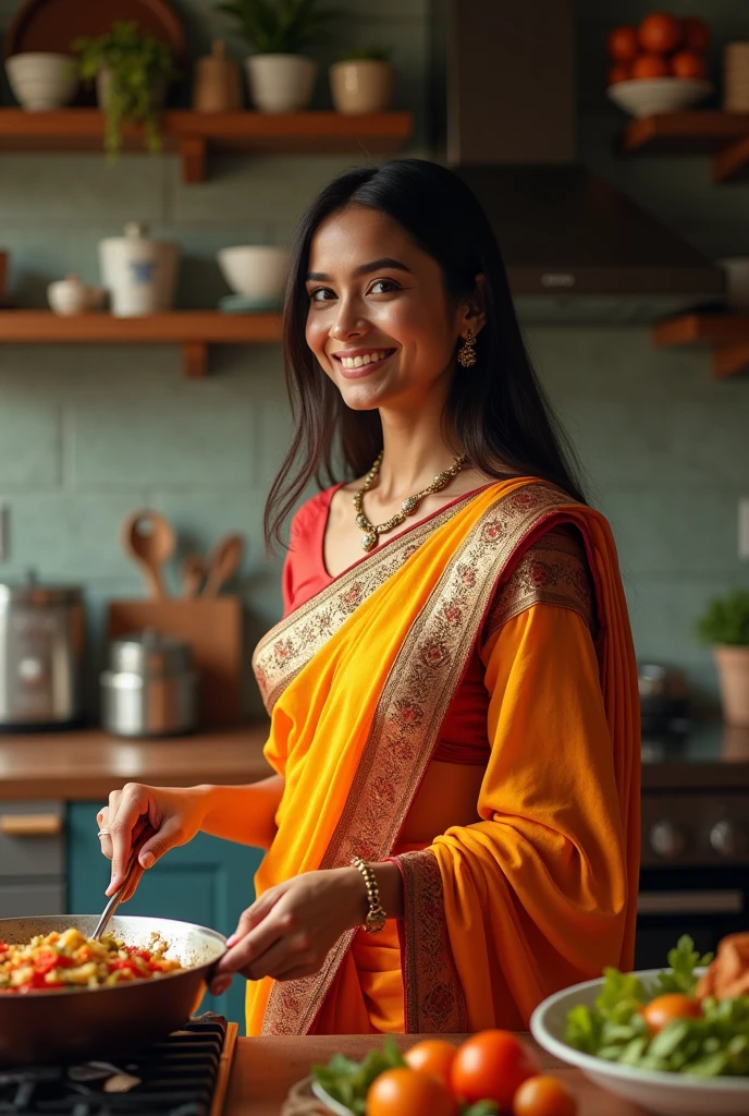 beautiful girl,saree,(Best quality, 8k, 32k, perfect body, ultra detailed body)cooking, smilling,kitchen background