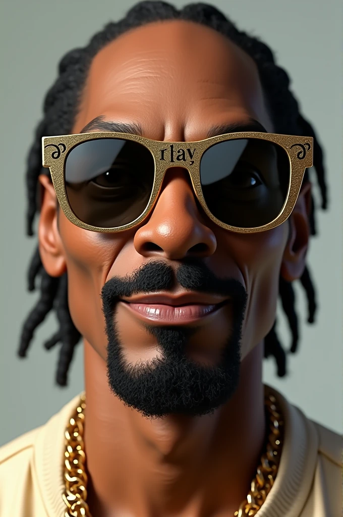 Snoop Dogg wore eye glasses with words on them "HAV", in a black type colour, golden flame . 3D 2700p.