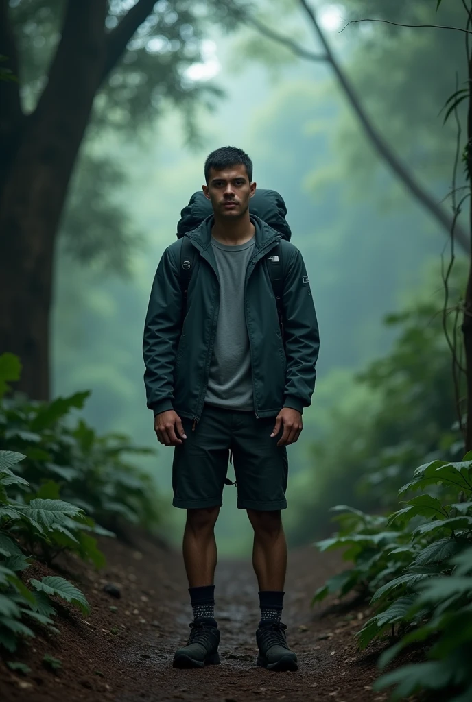 A full body, cinematic portrait of a Malay-looking man with short hair wearing boots. He is 170 cm tall and weighs 70 kg. He is wearing a shorts and jacket and a North Face backpack, standing in a rainforest. He is an outdoor photographer. The background has subtle light, creating a magical rainforest scene. The man is standing in the rainforest, creating a mystical rainforest atmosphere. His face is looking at the camera, and the portrait is taken from the Front. The image should be realistic.