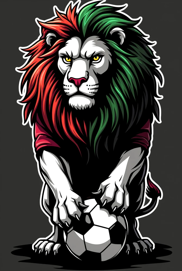 create a logo for a football team, with a black and white lion, with green and red dreadlocks in his hair, dressed in a red and green uniform, stepping on a football