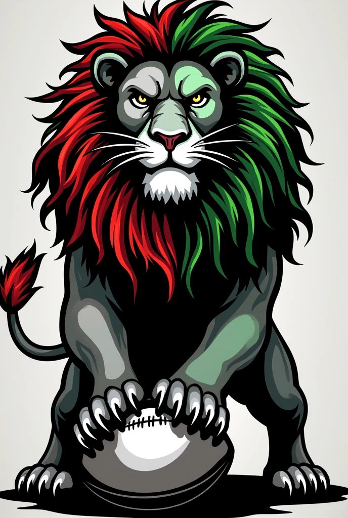 create a logo for a football team, with a black and white lion, with green and red dreadlocks in his hair, dressed in a red and green uniform, stepping on a football