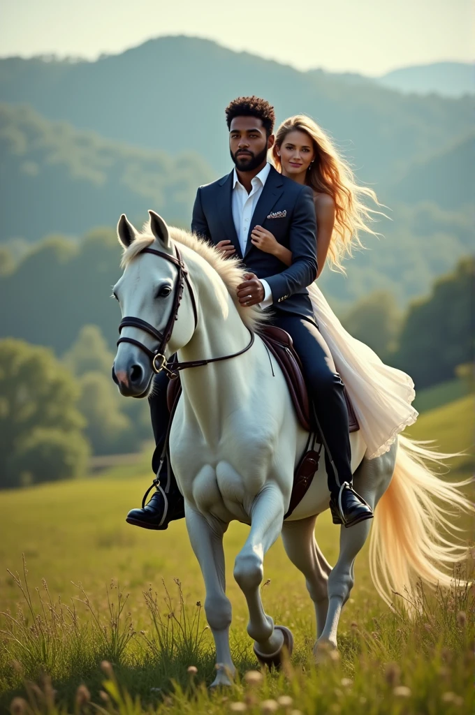 Photo of a young black man with afro hairstyle, with a young blonde with blue eyes, on a white horse.