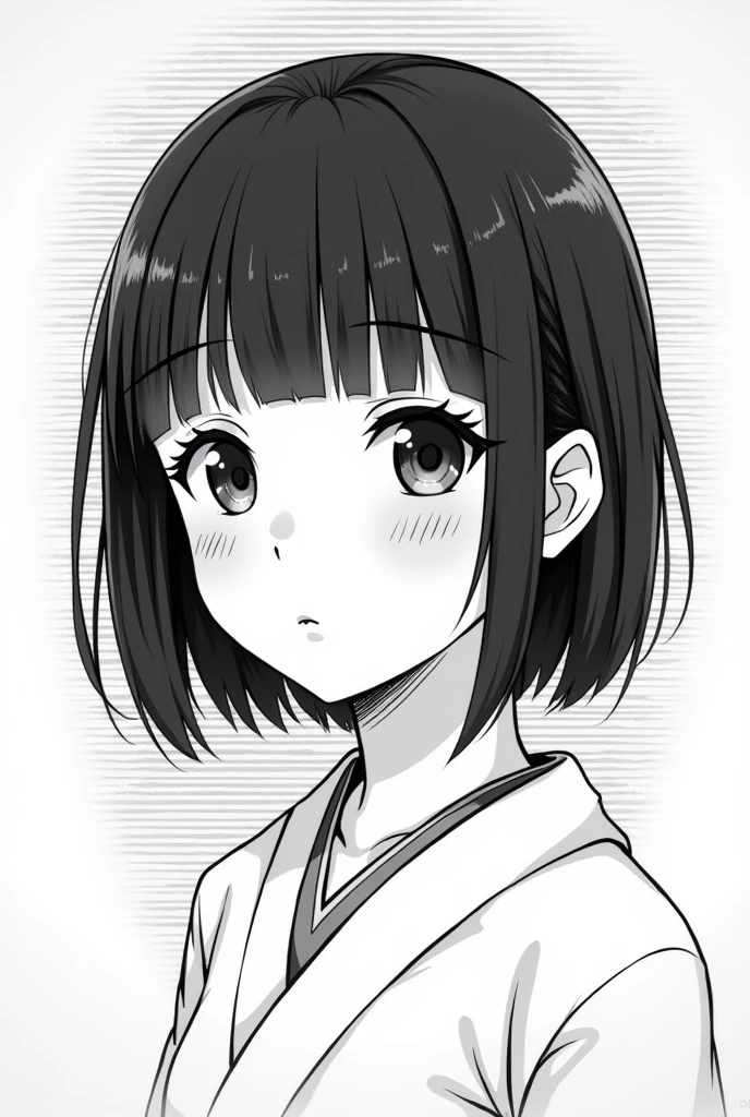 a Japanese woman with bangs, anime style, line hatch