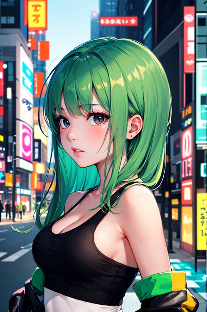 ((masterpiece)), (((best quality))), chromatic lighting,
colorized, green + white limited color palette, 
detailed concept drawing,
Shibuya street girl, cyberpunk, futuristic,
portrait, 20yo 1girl, medium soft breasts, slender, tanktop, long green hair, black eyes, in a city,　Perfect structure of all finger bones