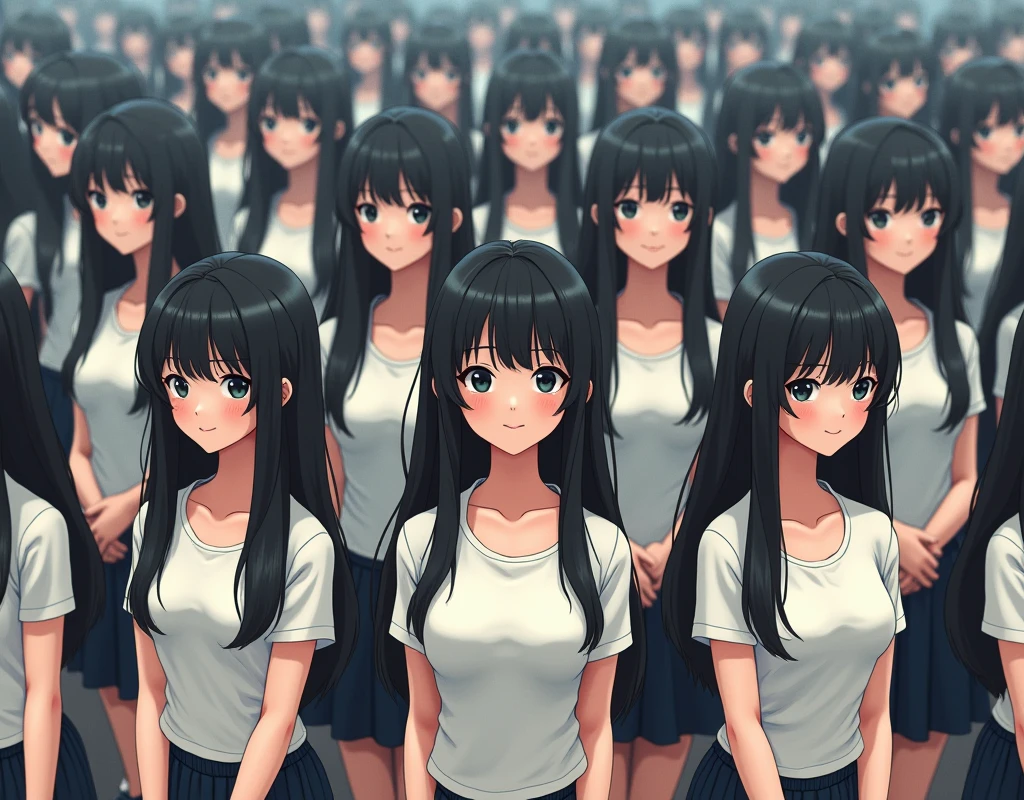 (((((Japanese Clone-girls=Myself))))), (((Super Best masterpiece Clone-girls Raw Photography Art))), (((16K, Highest quality, Ultra-high resolution, RAW Photos))), (((It's so unrealistic., With unparalleled depiction, With an unfathomable sight, An unprecedented and shocking worldview, Clone-girls: In a world of mass reproduction, Ultra-realistic))), (((Japanese Girls, Kaki-Haruka, 22yo, Small face, Thick black hair, long hair, Dark Eyes, Mature face, Cute Smile, Smiling face, A gentle gaze, (((Very pleasant look)))))), (((Very beautiful detailed girls, Accurate body structure, Accurate body movements, Very detailed body, (((Super big breasts, Large bulge of ample breasts)))))), (((Summer clothes, Short sleeve, mini skirt, hour々I can see your pants, Cleavage Emphasis, Emphasise the fullness of your breasts))), ((((((((Very detailed, Myself cloning, Depiction of splitting oneself, 1Myself girl→1,000,000,000,000,000,000,000,000,000,000Myself cloning girls)))))))), (((((((Myself clone-girlsから, Myself keeps multiplying, (Very detailed and intricate, To the exact, Perfect and consistent, (((In the same female body,With the same face, With the same hairstyle, In the same clothes, At the same height, 同じSuper big breastsである))), In a detailed depiction), 1,000,000,000,000,000,000,000,000,000,000 people))))))), (((((Myself girls only))))), (((((1,000,000,000,000,000,000,000,000,000,000Myself girls))))), (非常にIn a detailed depiction, The awesomeness of the massively proliferating crowd of "myself", A very impressive sight ), (Very detailed depiction, Clear and accurate perspective depiction, Ultra-wide field of view, super wide view, Focus on the average value of the image), ((The shooting angle and composition should not be limited to the front, but should be viewed from above, below, left and right.)), I'm so happy to see so many Myself crowds., I love myself, Laugh together, (Very detailed depiction, Skinship with Myself in a crowd)