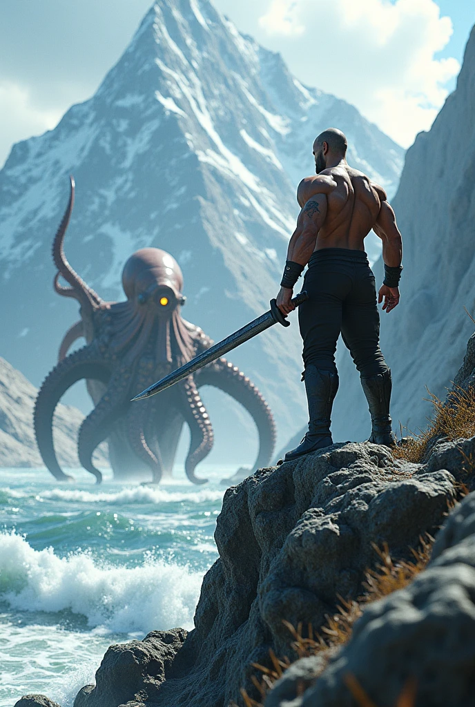 Create a hyper-realistic 3D scene of a rugged, towering mountain peak under bright daylight. At the summit, place a muscular bodybuilder dressed in a white shirt, black pants, and large boots. The bodybuilder should be posed heroically, with a sword held in a battle-ready stance. Below the mountain, a colossal octopus emerges from the turbulent sea, with its enormous, writhing tentacles and glowing eyes contrasting sharply with the clear daylight. The scene should emphasize the dramatic confrontation between the bodybuilder and the sea monster, highlighting the warrior’s powerful physique and determined stance. Ensure the textures and lighting are realistic to create a vivid and immersive image.