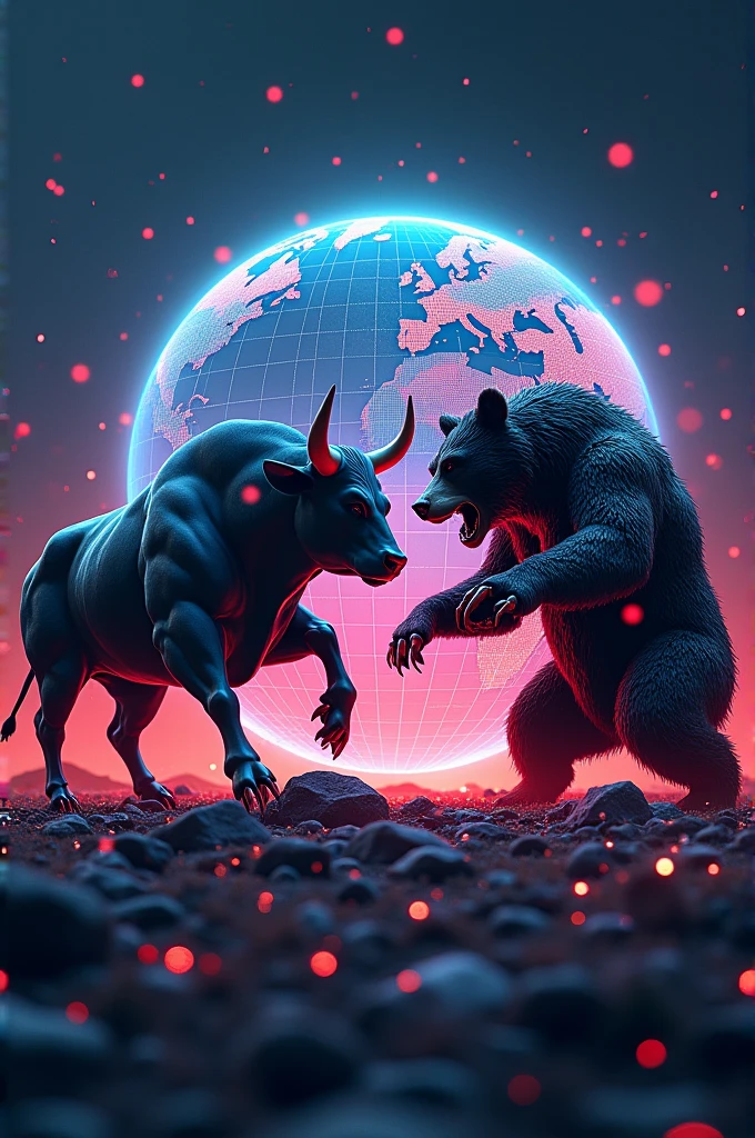 Bull and bear with background of digital globe 