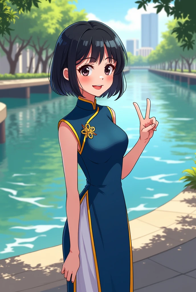 Create an anime style illustration - Character characteristics - Gender and age: Young woman in her 20s - Hair style and color: Short black hair - Eye color: Black - Expression: Smiling and having fun standing on the sand - Clothing characteristics: Ao dai with indigo and white accents。The slit is characteristic - background and pose - background: Riverside in Ho Chi Minh City, Vietnam。The overall atmosphere is summery and cheerful.。
- Pose: Peace sign with right hand - Camera angle: Head-on shot of ground