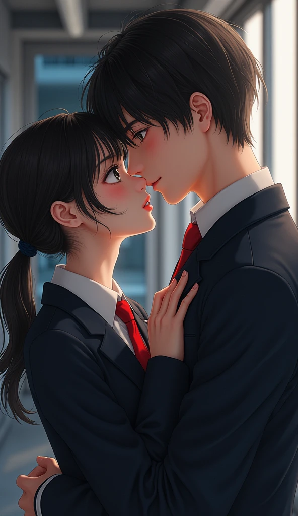 (32K:1.9, Realistic:1.9, Highest quality, masterpiece, Ultra-high resolution), Perfect dynamic composition, Highly detailed skin and facial textures:1.3, Detailed eyes, Detailed limbs, (Cute sexy slim Japanese schoolgirl, Tall、A slim Japanese high school boy), Fair skin, ((Clarity:1.1)), (Both boys and girls are wearing blazers with red ties..:1.3),  (A high school boy is grabbing a high school girl&#39;s chin:1.5), (Cunning Smile:0.9, Totally captivates you:0.9), (beautiful Blue Eyes, beautiful, Clear Eyes:0.8), Sexy Face:0.4, blush:1.1, (beautifulエロティシズムを醸し出す雰囲気:0.8), Woman&#39;s hair in a ponytail, Professional random camera work, Cinematic Lighting Effects, ((Full Body Shot)), ((Too erotic:0.9)) , romantic, mysterious, Object of admiration, original, dramatic, artistic, Innovative, charm, Heartful, Fancy, Tilt, sense of loss, special, exciting, Extreme, sense of openness, joy, joyの表現, ((若さのcharm, 女性的なcharm))