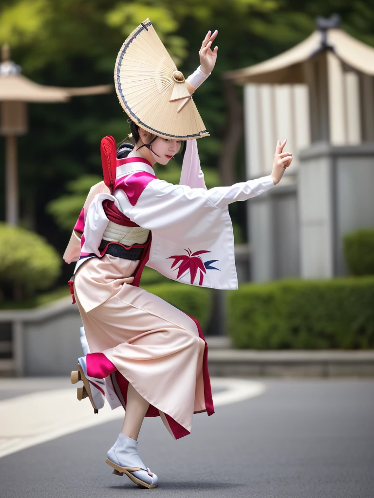 Photo-realistic quality、A woman wearing a pale pink kimono and a hat is in the park,White sleeves、 traditional Japanese kimono, A professional masterpiece, Beautiful images, Japanese Model, Traditional Japanese Kimono Japanese Bon Odori,A soft and gentle look、Woman dancing Awa Odori、White Arms、Wearing black clogs