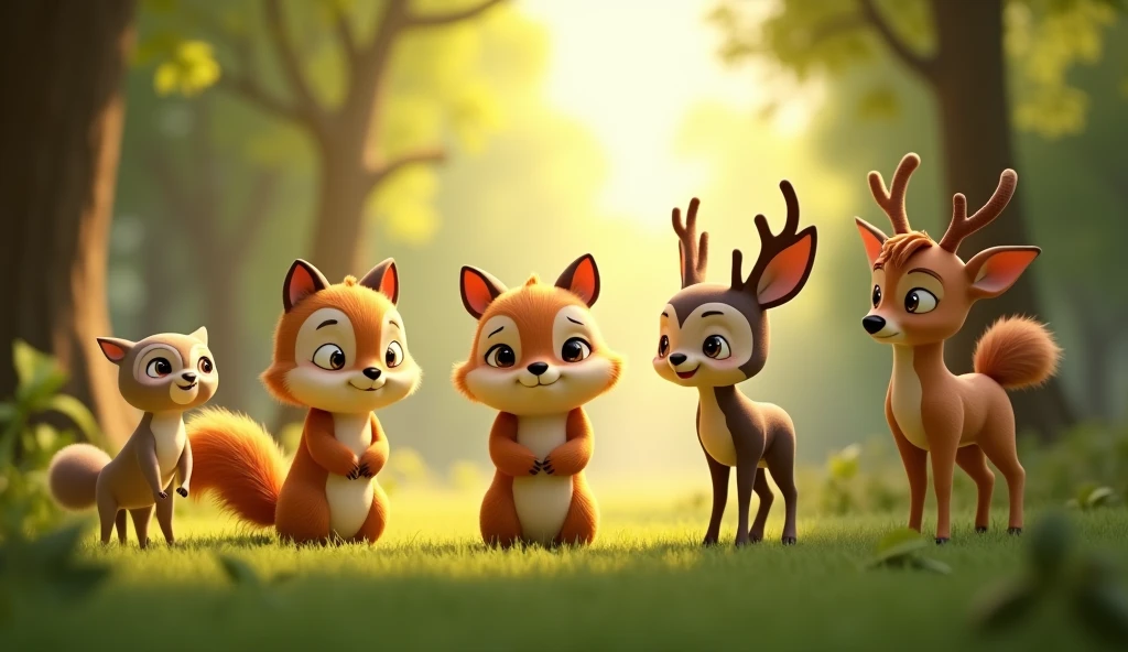 In 3d animation story "TukTuki meeting different forest animals on its journey to find its way home. A friendly squirrel, a wise owl, and a playful deer are shown offering help. The scene is filled with warm light filtering through the trees, and the animals are all looking at TukTuki with kindness."
