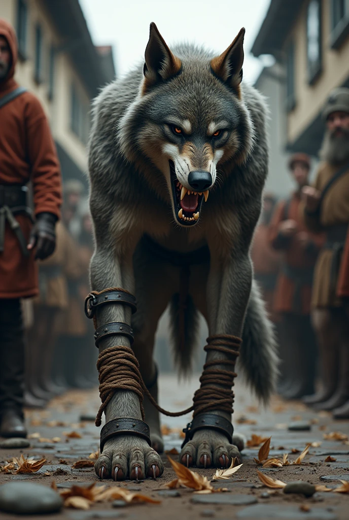 A werewolf is tied up in medieval shackles, and people are tickling the soles of his feet with feathers in the square. His ankles are locked in the shackles, and the ropes of the shackles are tied to the werewolf's four toes and pulled backwards so that he cannot move. He laughs as people are tickling him. The picture is facing the werewolf and the soles of his feet.