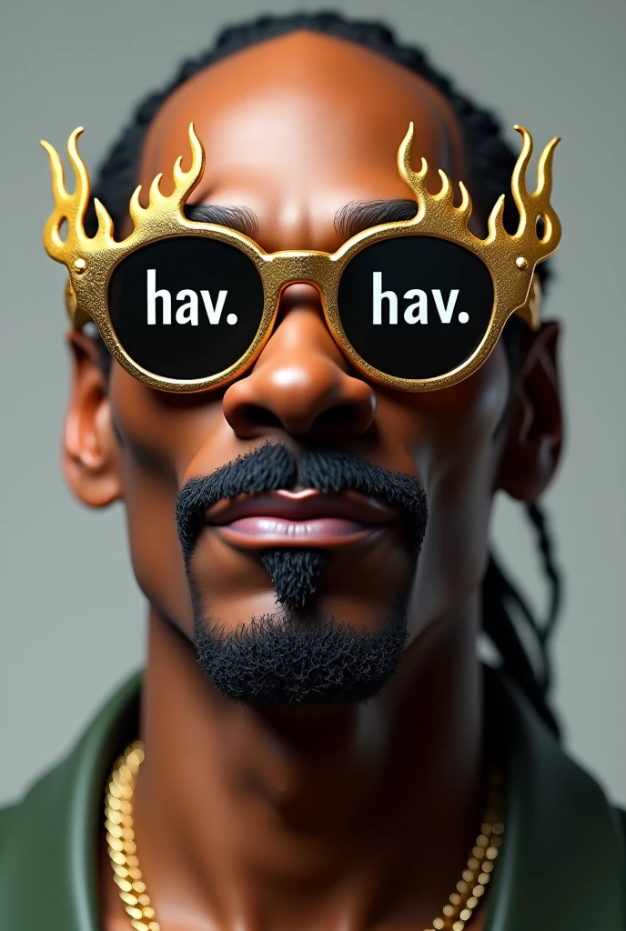 Snoop Dogg wore eye glasses with words on them "HAV", in a black type colour, golden flame . 3D 2700p.