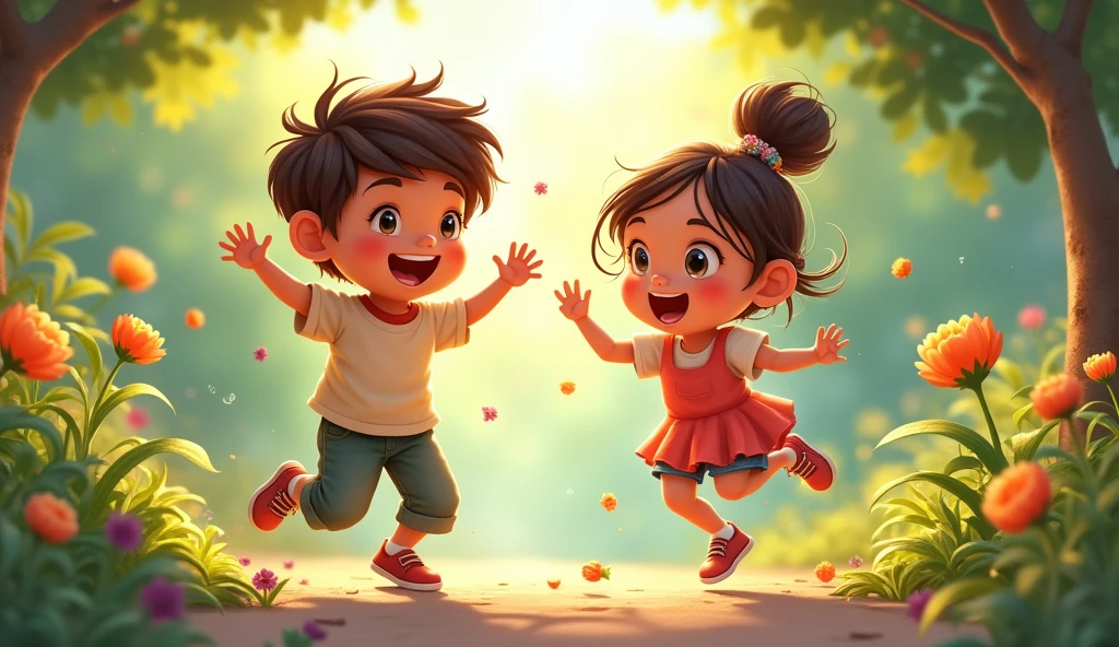  दो बच्चे खुशी से उछल-कूद रहे थे और हर नई चीज़ को देखकर चहक रहे थे।