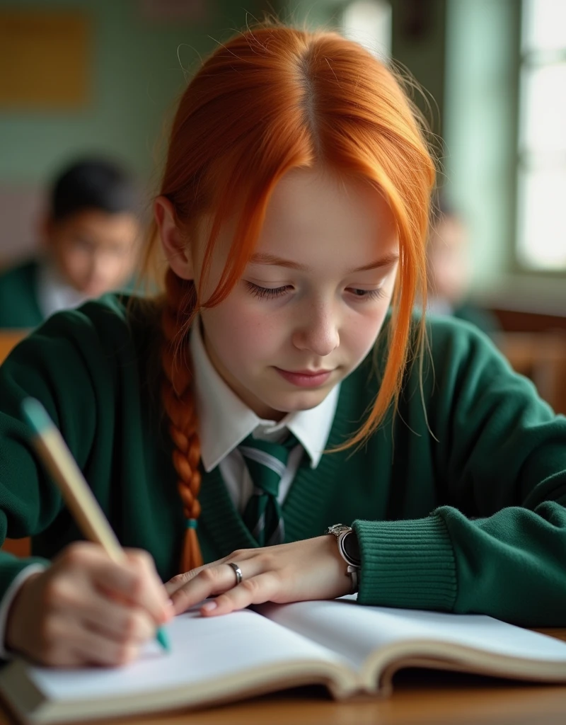 Developing cultural and intellectual skills, education according to the curricula prescribed for students ,  receiving information in the classroom, a close-up picture of a   student  with  ginger hair ,  wearing a  green uniform  sitting on a school desk, performing school assignments