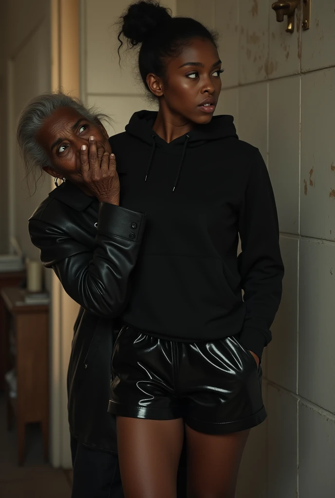 black woman hair in a bun black hoodie shiny black leather short shorts pockets in shock as a old grandma in a dress on her knees kissing her ass behind her hand is in her ass holding her ass