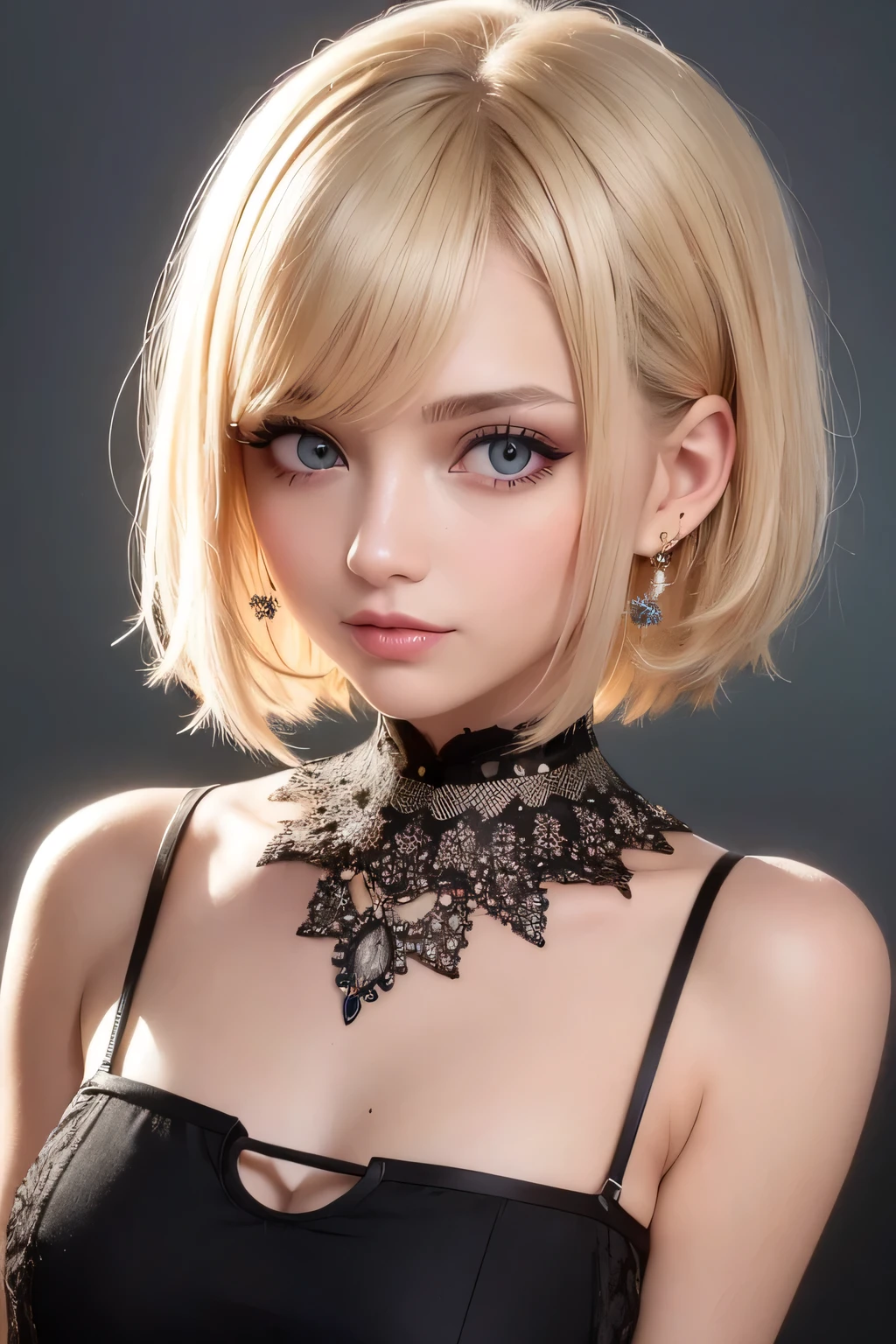 Amazing portrait of the upper body of a young woman who is 20 years old with a beautiful and highly detailed face and skin texture with fine blue eyes with double eyelid and thick styled and perfect eyebrows and black smokey eyeliner with natural cheeks and shiny skin wearing colourful comfy clothes showing off her bare shoulders and her small breasts with clevage paired with a sparkly necklace and earrings with glossy lips parted in an enchanting smile with a short asymmetrical bob styled with a bit of volume and a side part being a light blonde or platinum having a slightly tousled or messy appearance, with focus on her chest and face with this upper body shot and her bare shoulders with small breasts