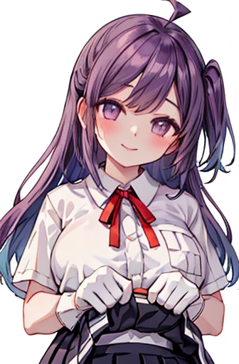 masterpiece, Highest quality,
1 person, alone,
(White Background:1.4), Looking at the audience,
smile, blush, Clothes lift,Skirt Lift,Lift it yourself,  purple_panties,
Hagi style, Ahoge, One side up,
shirt, Neck ribbon, Short sleeve, Best, Black Skirt, White gloves,
be quiet, whole body,Large Breasts