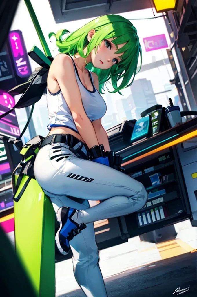 ((masterpiece)), (((best quality))), chromatic lighting,
colorized, green + white limited color palette, 
detailed concept drawing,
Shibuya street girl,
portrait, 20yo 1girl, medium soft breasts, slender, tanktop, combat pants,, long green hair, black eyes, in a city,