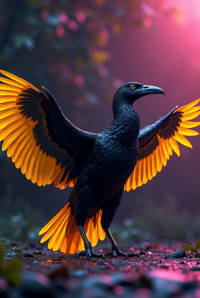 black and gold caracaras , wings open landing facing forward name Karcaras Do Valle , vivid neon colors black gold 4k 