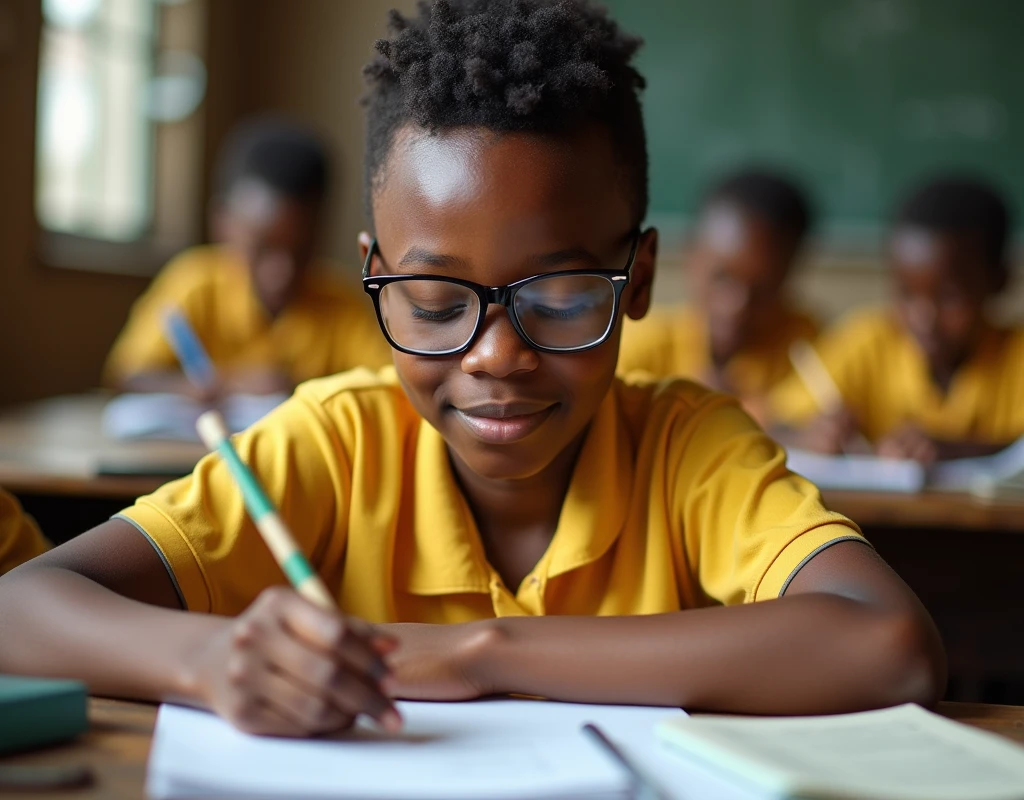Developing cultural and intellectual skills, education according to the curricula prescribed for students , receiving information in the classroom, a close-up picture of a african student with glases wearing a yellow uniform sitting on a school desk, performing school assignments