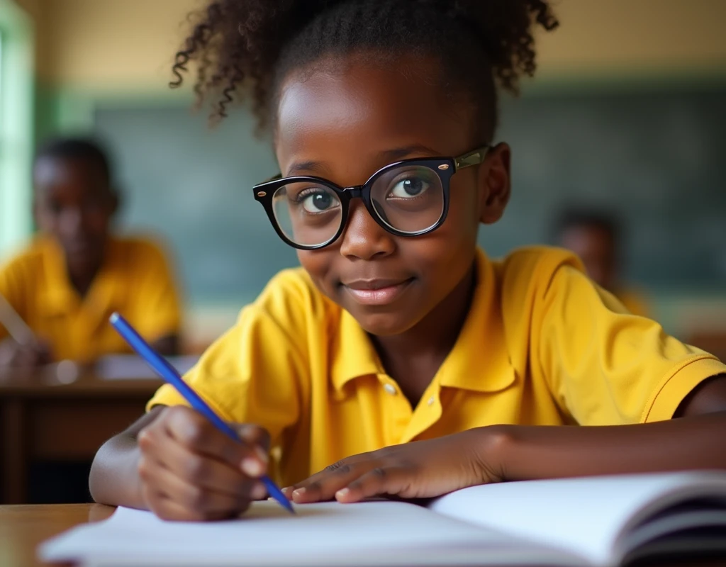 Developing cultural and intellectual skills, education according to the curricula prescribed for students , receiving information in the classroom, a close-up picture of a african student with glases wearing a yellow uniform sitting on a school desk, performing school assignments