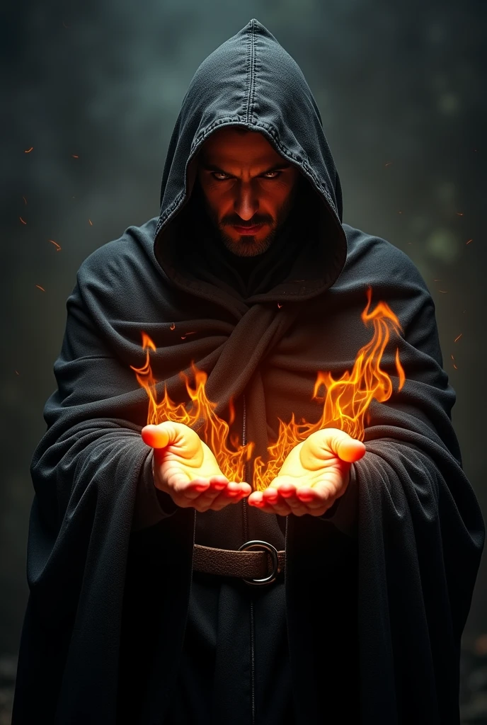 powerful wizard with fire powers, de capuz, portrait photo