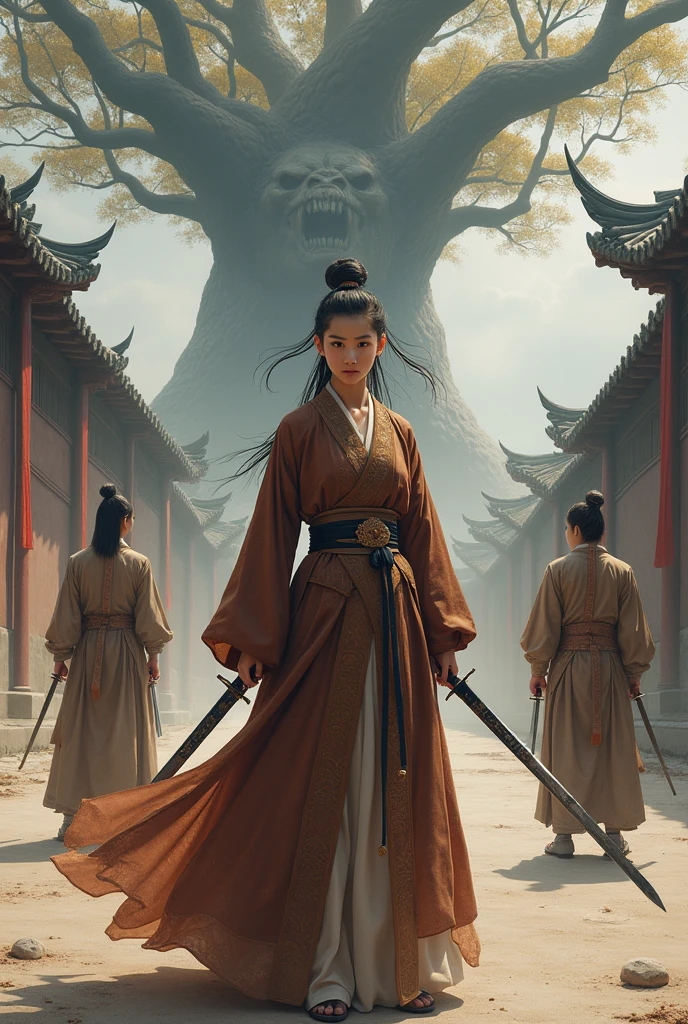 A beautiful young woman with a fierce expression, dressed in the dark brown regalia of a Han Fu Dynasty official, stood holding a pair of swords. The two young men stared at the middle of the deserted courtyard. They looked at the uninhabited area and saw a hideous monster standing far away from them at a large tree.