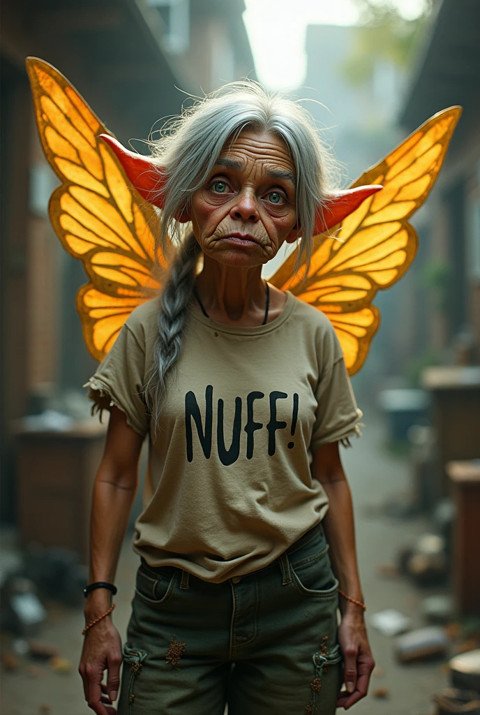 An old frumpy fairy with a t-shirt that reads Nuff ! She looks tired and worn out and sick of children
Make her look more like a fairy.
