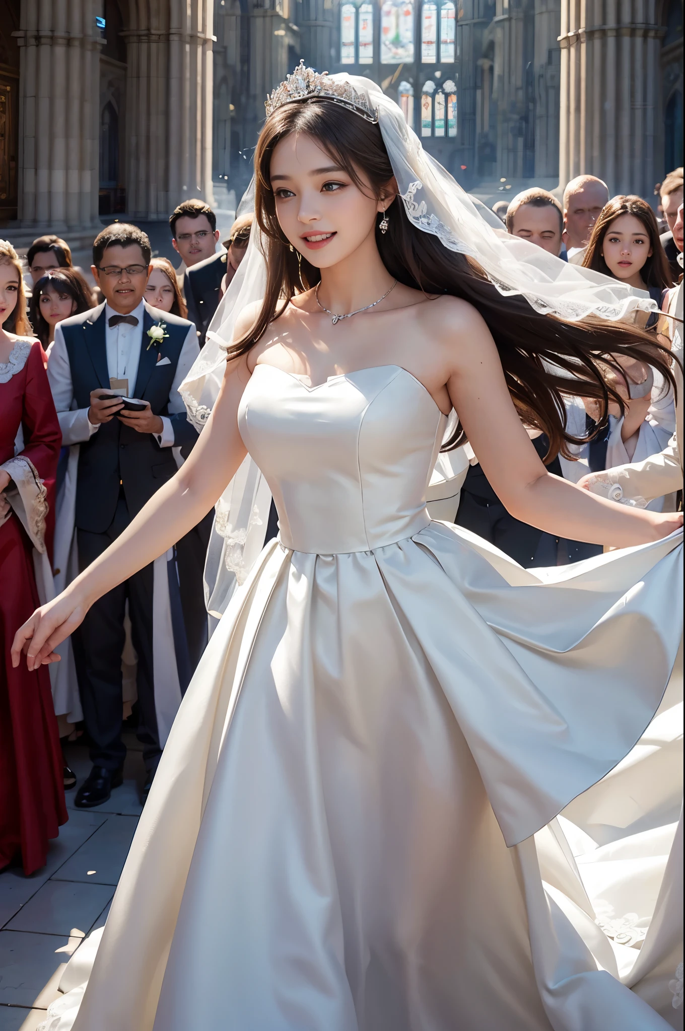 best quality, masterpiece, 1 girl, A huge laugh, cute teen, shiny lips, sweet, sun glare, Conservative attire, wedding dress, Bridal Tiara, depth of field, blurred background, Cathedral Background, light particles, strong wind, head tilt